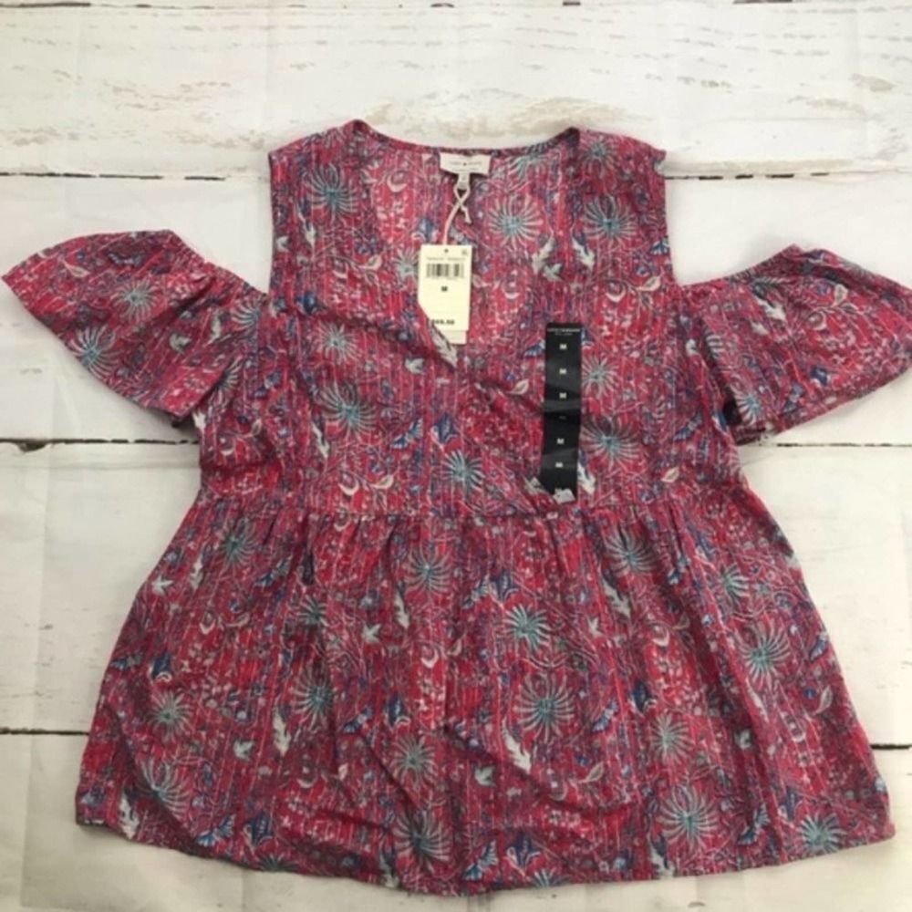lucky brand pink floral cold shoulder blouse womens M NWT
